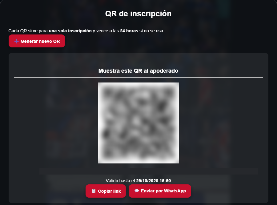 Pantalla para generar el QR de inscripción