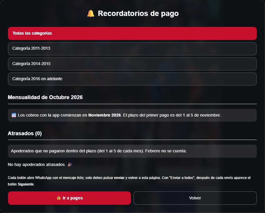 Pantalla de recordatorios de pago